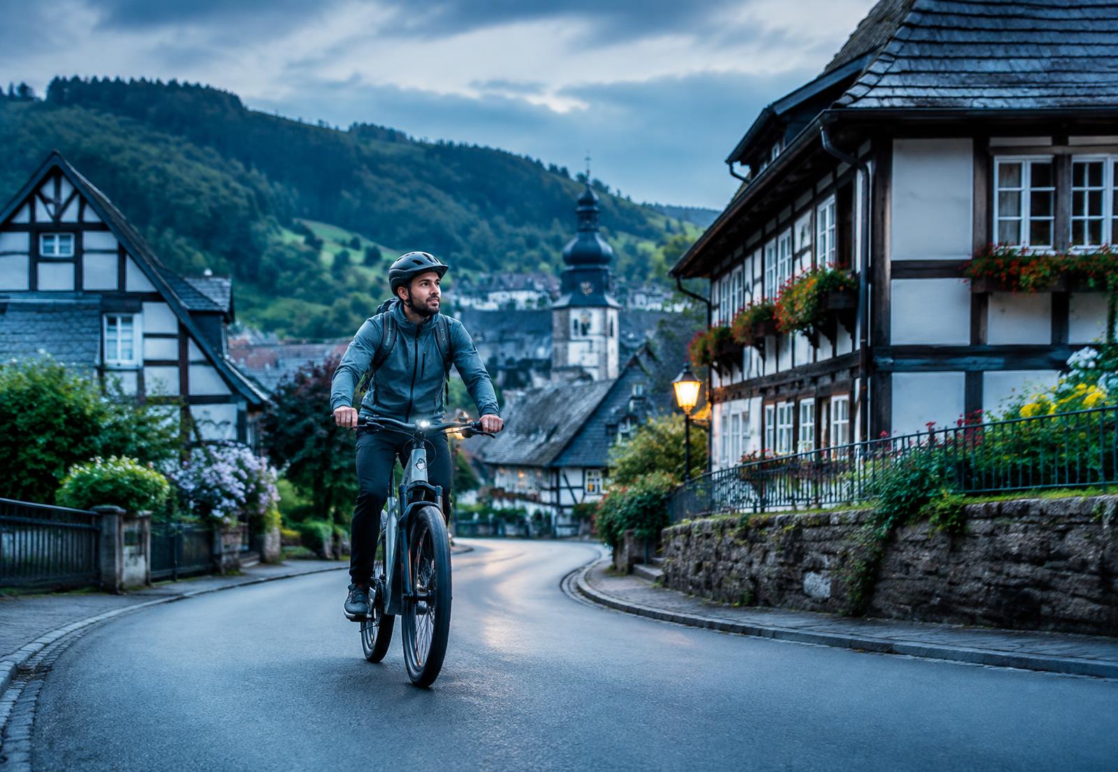 Ciclista com bicicleta elétrica