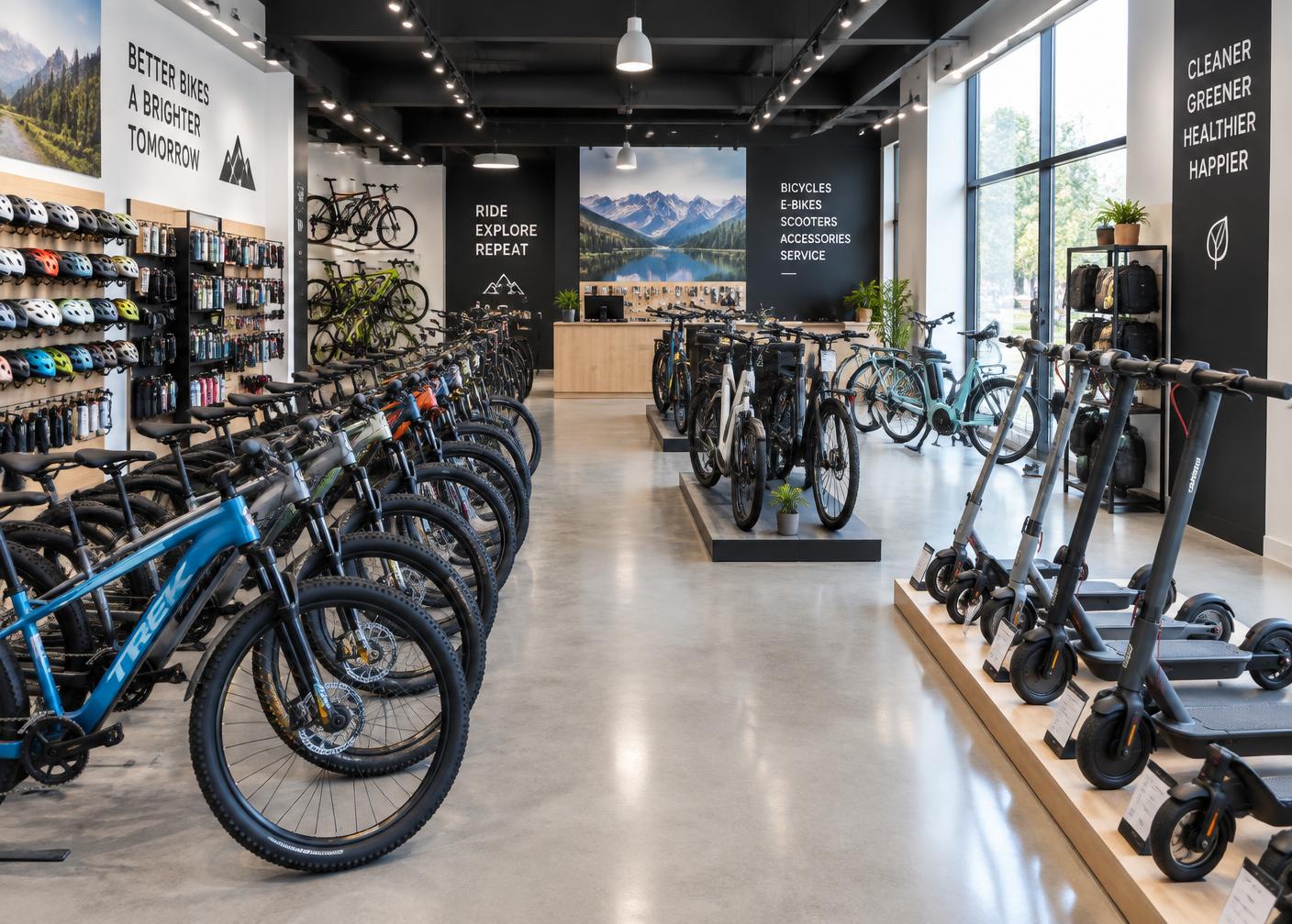Interior da loja com bicicletas e patinetes